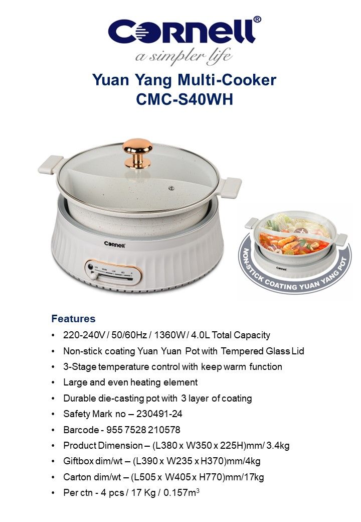 CORNELL YUAN YANG MULTI-COOKER CMCS40WH