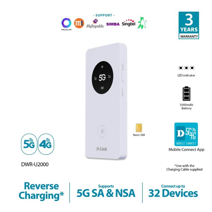 D-LINK 5G WIFI 5 MOBILE ROUTER DWR-U2000 | Gain City Singapore