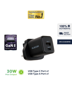 ELECOM 30W 2-PORT GAN II WALL CHARGER - BLACK MPA-ACAS03BFBK