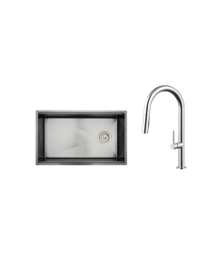 Rigel Gun Metal Kitchen Sink + Chrome Kitchen Pull Out Mixer R-SNK7544SB-LINEN-250+W2-R-MXK1141P