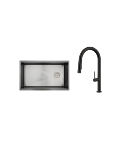 Rigel Gun Metal Kitchen Sink + Matte Black Kitchen Pull Out Mixer R-SNK7544SB-LINEN-250+W2-R-MXK1141P-BM