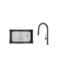 Rigel Gun Metal Kitchen Sink + Gun Metal Kitchen Pull Out Mixer R-SNK7544SB-LINEN-250+W2-R-MXK1141P-GUN