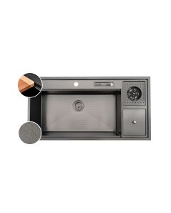 HOUSS MULTI FUNCTION STONE DECOR SINGLE BOWL HANDMADE KITCHEN SINK W ASH BIN SUS304 BLACK HSST-8301BK