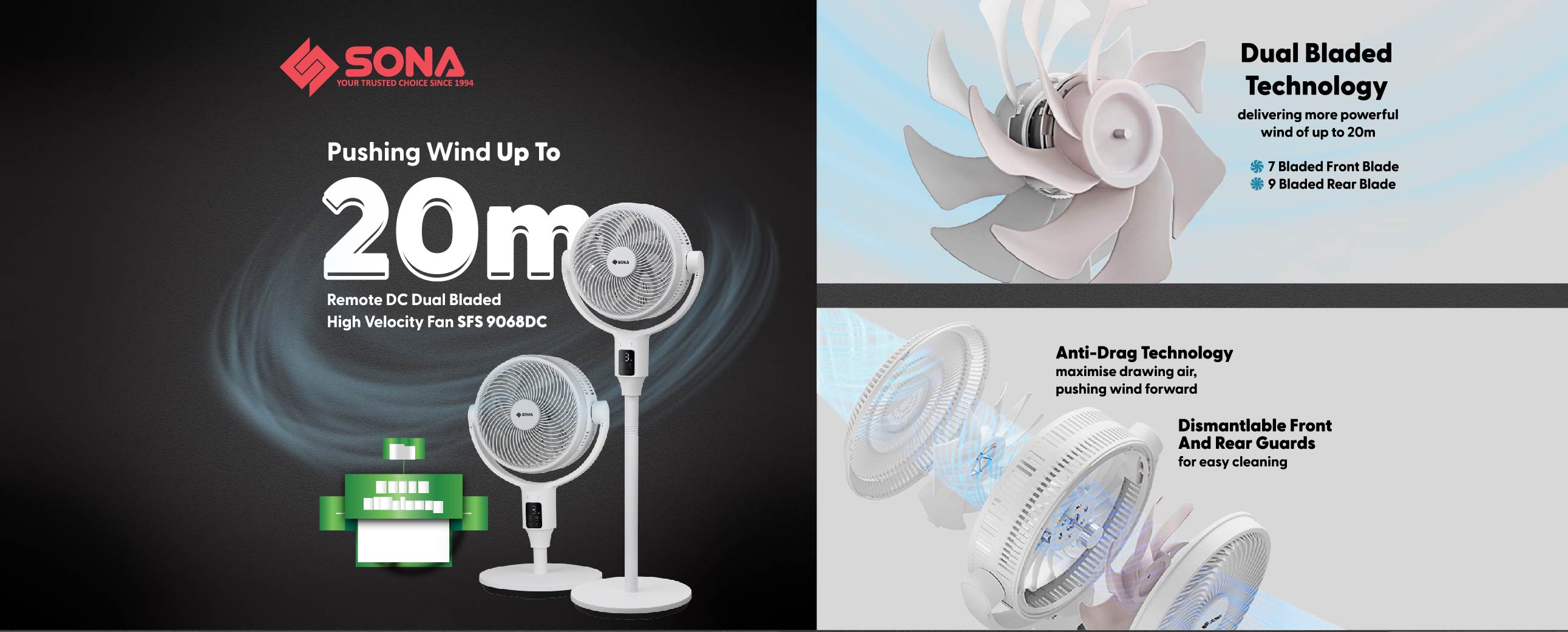 Experience Smarter Cooling with SONA's Dual-Blade DC Fan