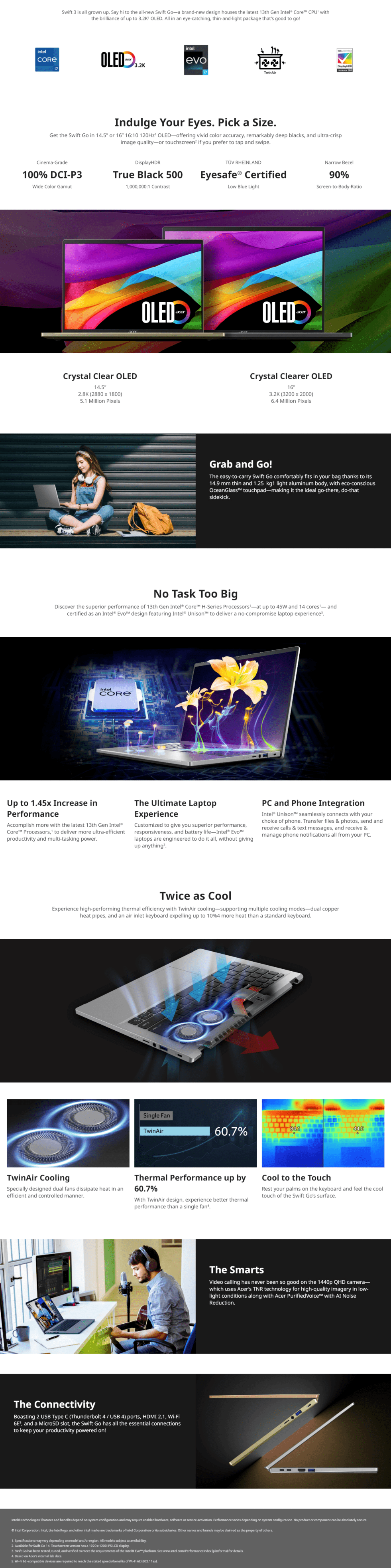 Ready, Set, Go! Swift 3 is all grown up. Get ready for the ultimate performance with the all-new Swift Go, as the Swift 3 matures to a new level. Say hello to its brand-new design, featuring the latest 13th Gen Intel® Core™ CPU, delivering unmatched power. Experience brilliance with an up to 3.
